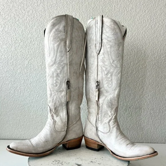 Lane MONICA Knee High Womens Cowboy Boots 6.5 White Western Cowgirl Lace Up EUC - Picture 7 of 12